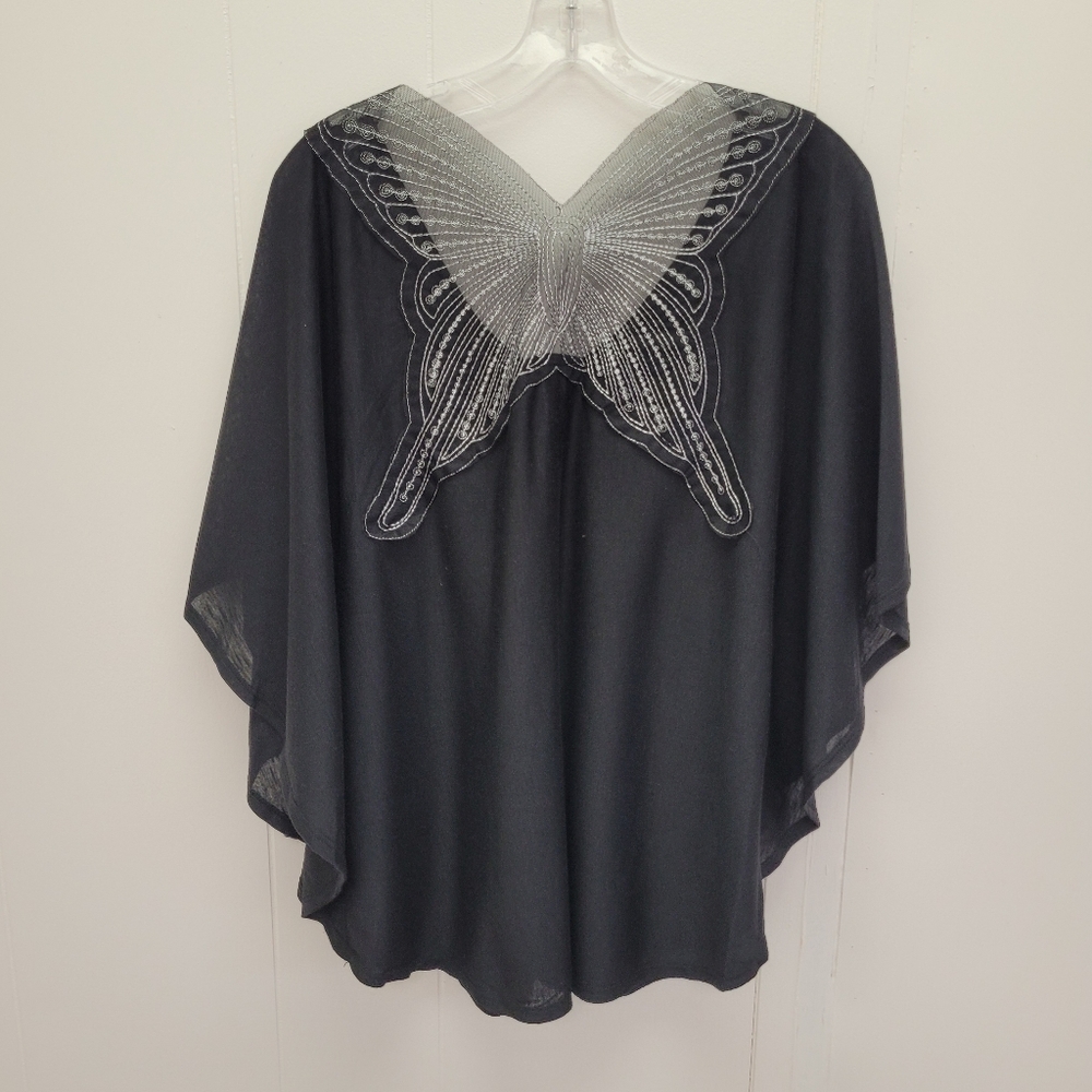 Loop 18 Embroidered Mesh Butterfly Back Batwing Sleeve Top